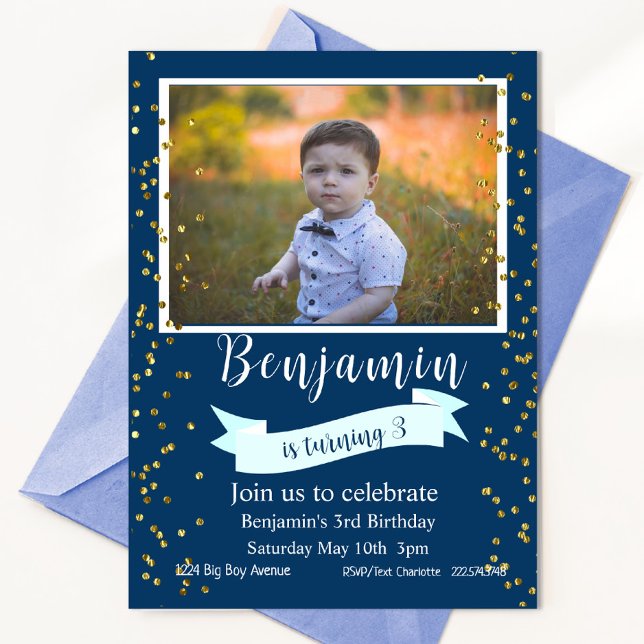 Invitation Photo de troisième anniversaire bleu et or (Créateur téléchargé)