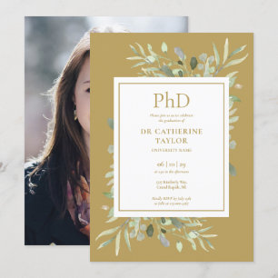 Invitation Photo de verdure de diplôme de doctorat en or pour