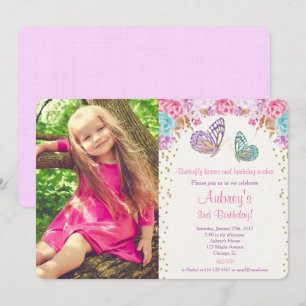 Invitation Photo de violet d'or rose papillon