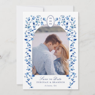 Invitation Photo Delft bleu et blanc Enregistrer la date