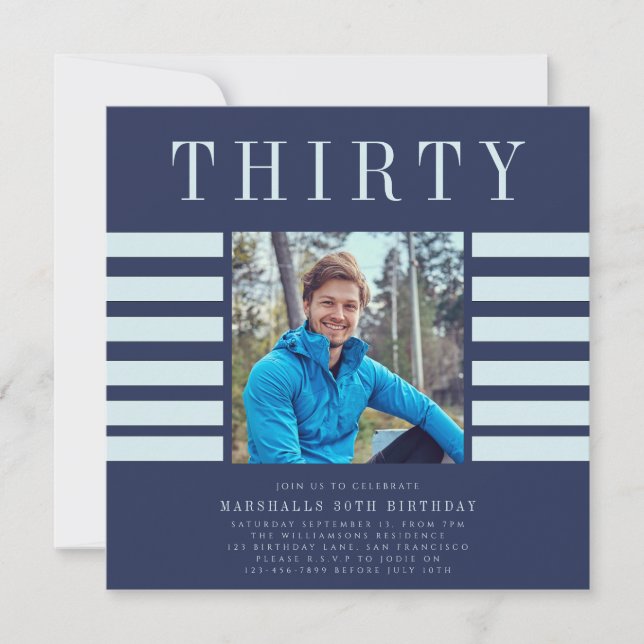Invitation Photo design moderne mens bleu 30e anniversaire (Devant)