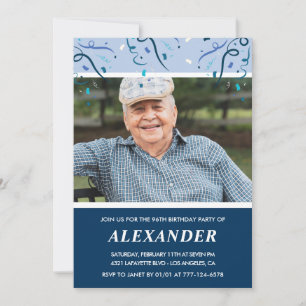 Invitation Photo d'homme moderne en bleu marine pour son 96e