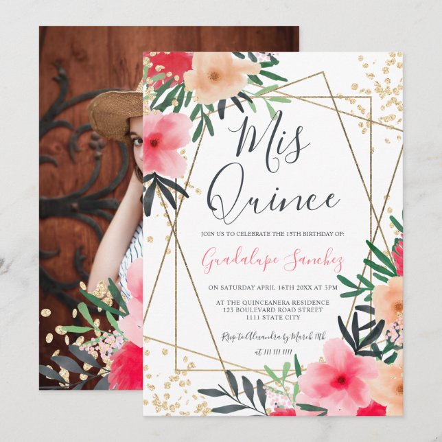 Invitation Photo dorée rouge rose moderne quinceanera (Devant / Derrière)