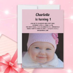 Invitation Photo du 1er anniversaire de la petite fille rose 