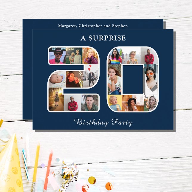 Invitation Photo du 20e anniversaire de la fête Collage Bleu  (20th Birthday party invitations idea template in blue. Add your favorite photos for a unique invite.)