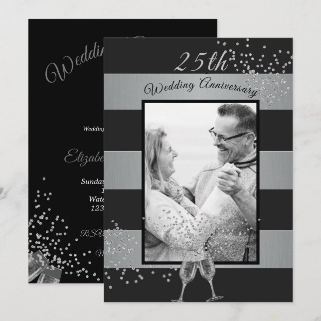 Invitation Photo du 25e anniversaire de mariage en noir et ar (Devant / Derrière)