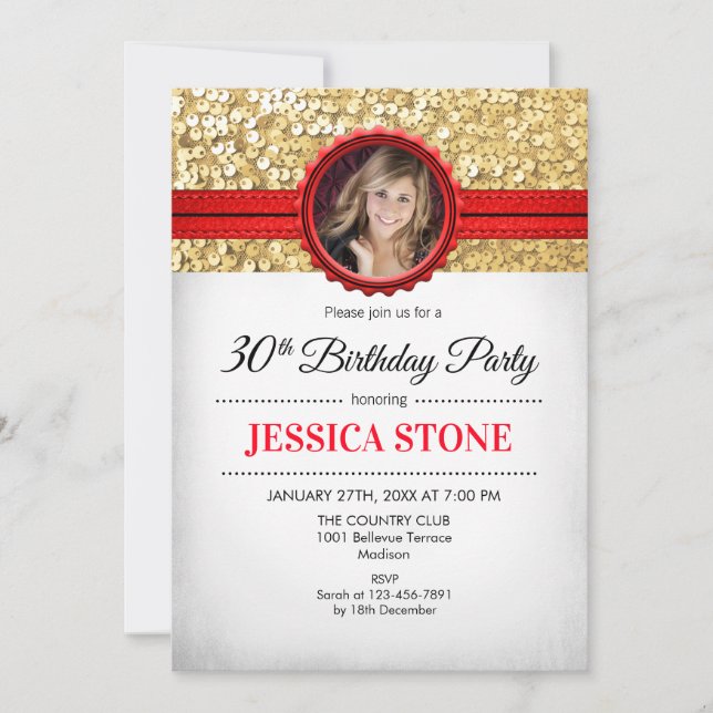 Invitation Photo du 30e anniversaire - Blanc Or Rouge (Devant)