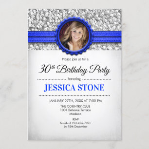 Invitation Photo du 30e anniversaire - Bleu royal blanc argen