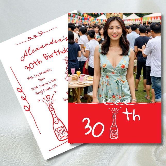 Invitation Photo du 30e anniversaire main tiré rouge blanc Wh (Créateur téléchargé)