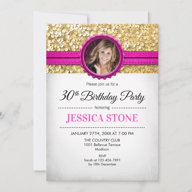 Invitation Photo du 30e anniversaire - Rose chaud blanc or (Devant)