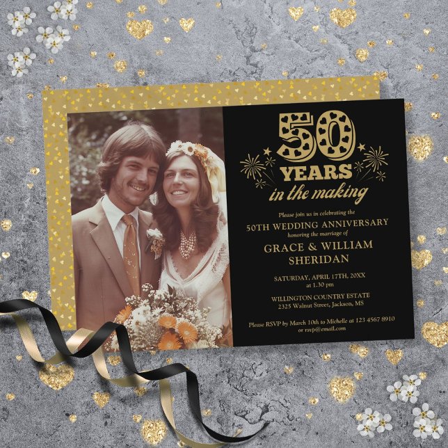 Invitation Photo du 50e anniversaire de la fondation (In The Making 50th Anniversary Photo Gold Black Invitation)