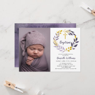 Invitation Photo du baptême   Violet Golden Botanical Invitat
