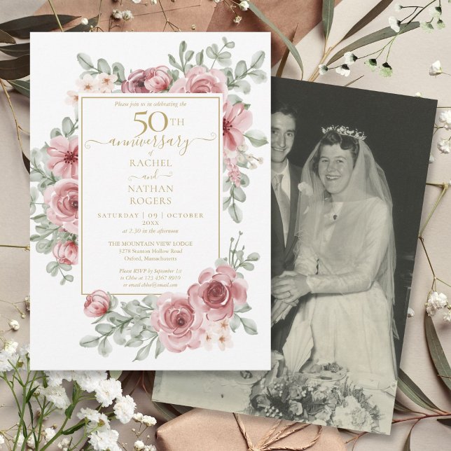Invitation Photo du Mariage du 50e anniversaire du Rose flora (Floral Rose 50th Golden Anniversary Wedding Photo Invitation)