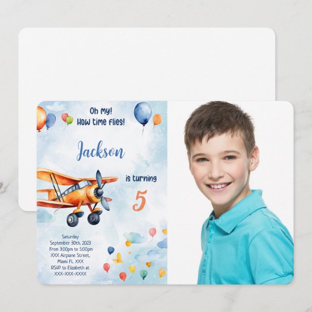 Invitation Photo du parti Anniversaire de enfant de l'avion o (Devant / Derrière)