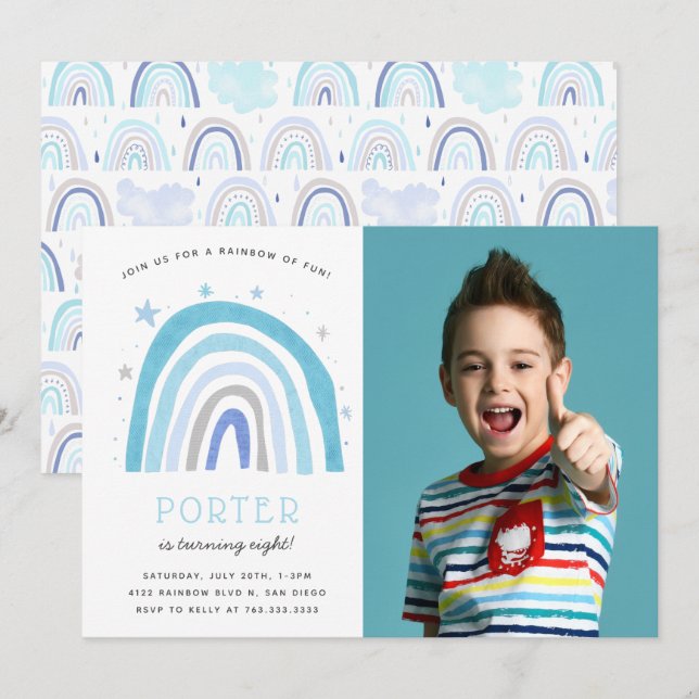 Invitation Photo du parti Anniversaire de enfant moderne Blue (Devant / Derrière)