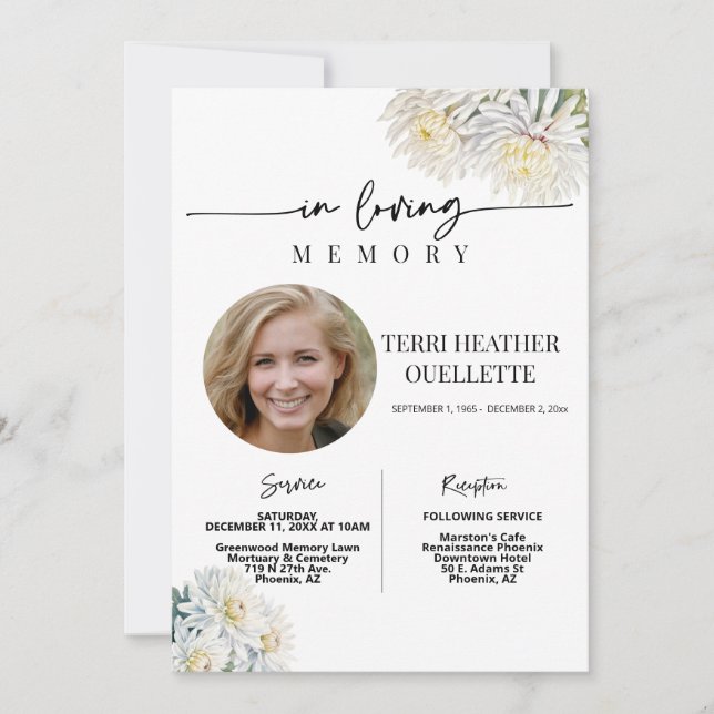 Invitation Photo du service funéraire Floral Blanc Boho (Devant)