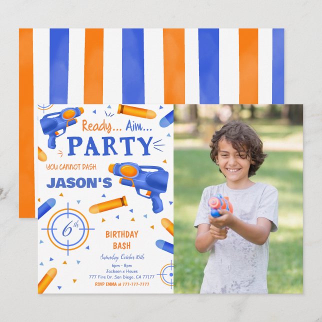 Invitation Photo d'un canon à fléchettes bleu et orange (Devant / Derrière)
