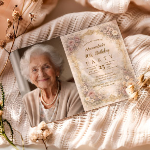 Invitation Photo Dusty Rose Baroque Floral 90e Anniversaire