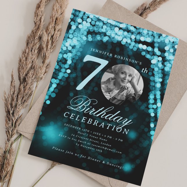 Invitation Photo élégant 70e anniversaire Turquoise Glam Lumi (Elegant Photo 70th Birthday Turquoise Glam Lights Invitation)