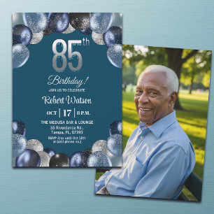 Invitation Photo élégant 85e anniversaire avec paillettes ble