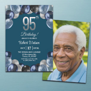 Invitation Photo élégant 95e anniversaire avec paillettes ble