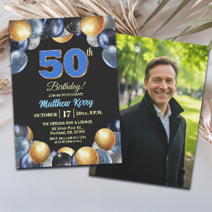 Invitation Photo élégant bleu argent or 50e anniversaire