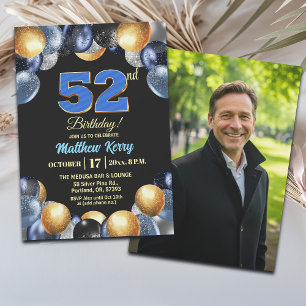 Invitation Photo élégant bleu argent or 52e anniversaire