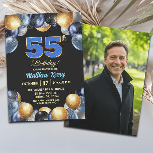 Invitation Photo élégant bleu argent or 55e anniversaire