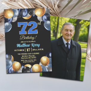 Invitation Photo élégant bleu argent or 72e anniversaire