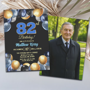 Invitation Photo élégant bleu argent or 82e anniversaire