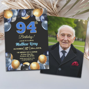 Invitation Photo élégant bleu argent or 94e anniversaire