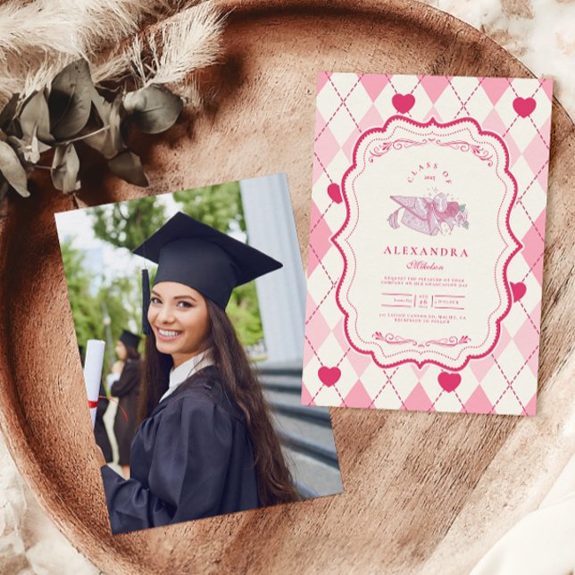 Invitation Photo Elegant Coquette Pink Bow Graduation (Créateur téléchargé)