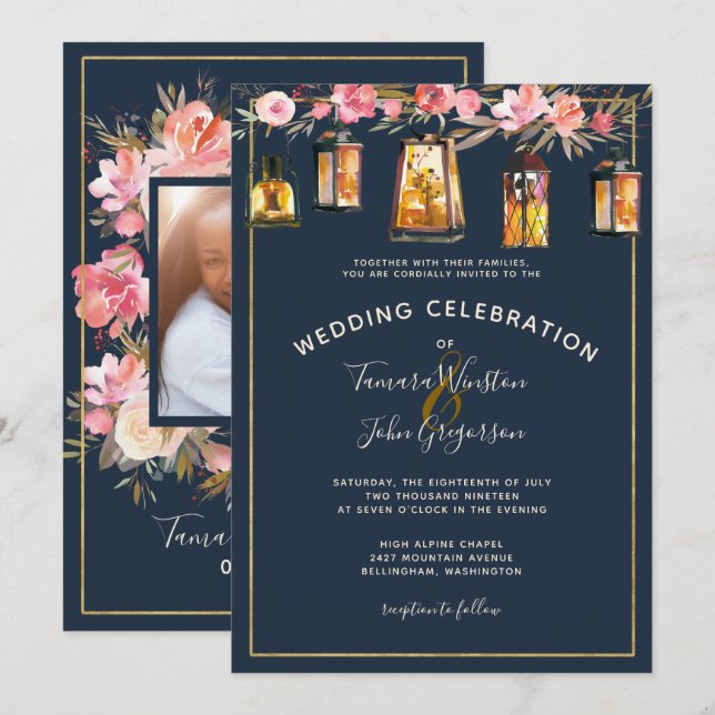 Invitation Photo Elegant Coral Bleu Floral Lumières Mariage (Devant / Derrière)