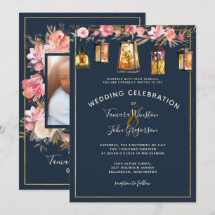 Invitation Photo Elegant Coral Bleu Floral Lumières Mariage