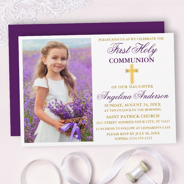 Invitation Photo élégant de première communion violet or (Customize to change text color,  size, style or to change color of back of card.)