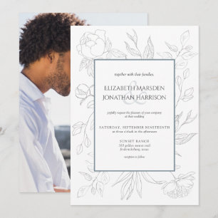 Invitation Photo Elegant Dusty Blue Line Dessin Floral
