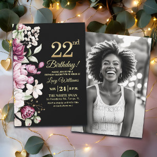 Invitation Photo élégant floral or 22e anniversaire