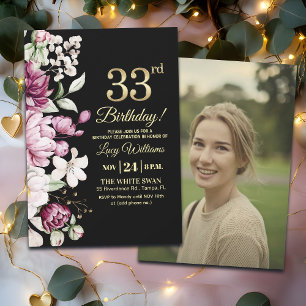 Invitation Photo élégant floral or 33 Anniversaire