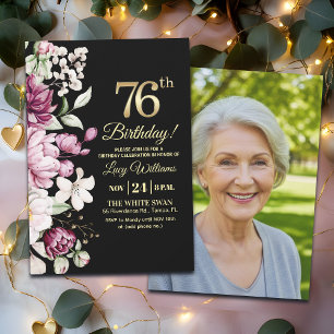 Invitation Photo élégant floral or 76 Anniversaire