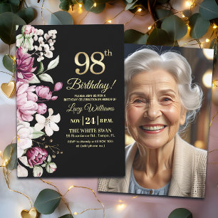 Invitation Photo élégant floral or 98 Anniversaire