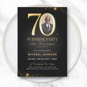 Invitation Photo Élégant Noir Or Surprise 70e Anniversaire