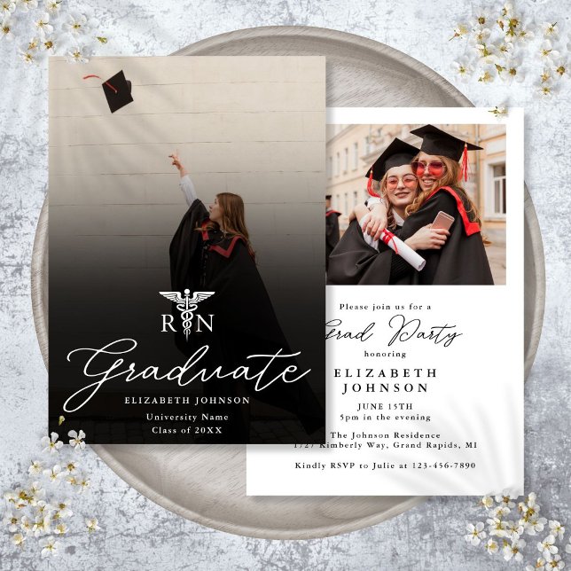 Invitation Photo Élégant Script RN Soins infirmiers Partie de (Photo Elegant Script RN Nursing Graduation Party Invitation)