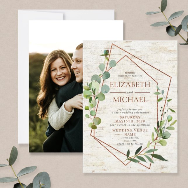 Invitation Photo Elégante Eucalyptus géométrique en cuivre ru (Créateur téléchargé)