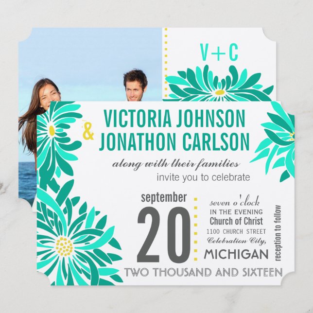 Invitation Photo Emerald Mint Jaune Mariage Floral moderne (Devant / Derrière)