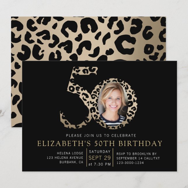 Invitation Photo Empreinte de léopard Foil 50e anniversaire (Devant / Derrière)