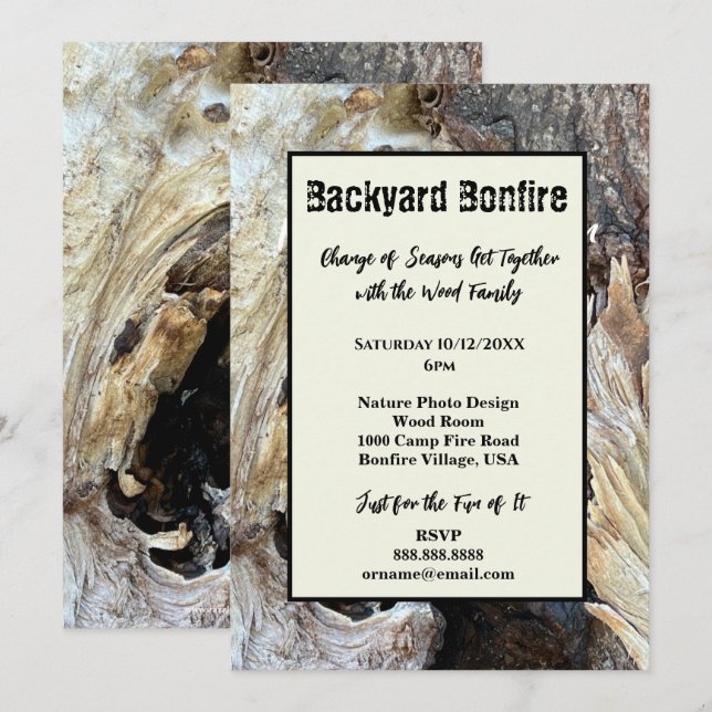 INVITATION PHOTO EN BOIS DE BONFIRE CAMPFIRE FIREP (Devant / Derrière)