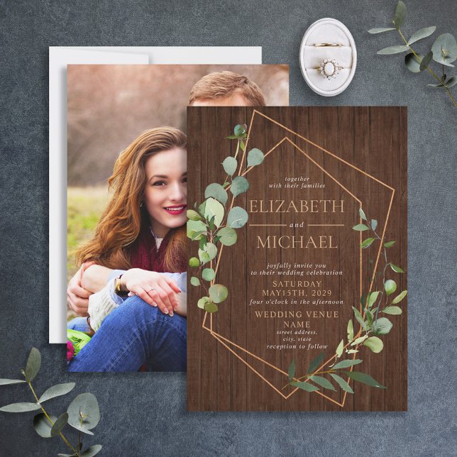 Invitation Photo en bois de cuivre géométrique Russe Eucalypt (Créateur téléchargé)