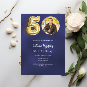 Invitation Photo en or bleu marine 50e anniversaire