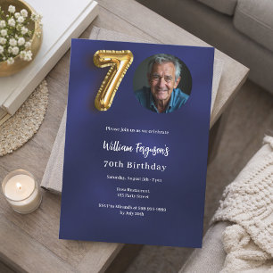 Invitation Photo en or bleu marine 70e anniversaire