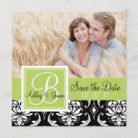 Photo Enregistrer la date Noir Damas Initial Vert